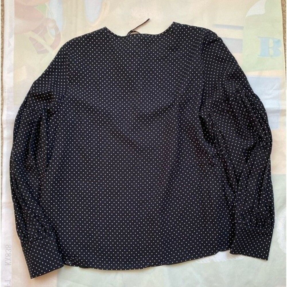 H&M Women’s Black Polka Dot Blouse Tie Neck Long Sleeve Gathered Sleeve Top - Picture 12 of 14